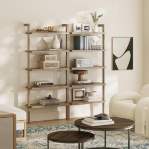 5 Tier Bookshelf, Wall Mounted Bookcase, Solid Wood Bookshelf in Wire Brushed Finish, Boho Rustic Bookcase